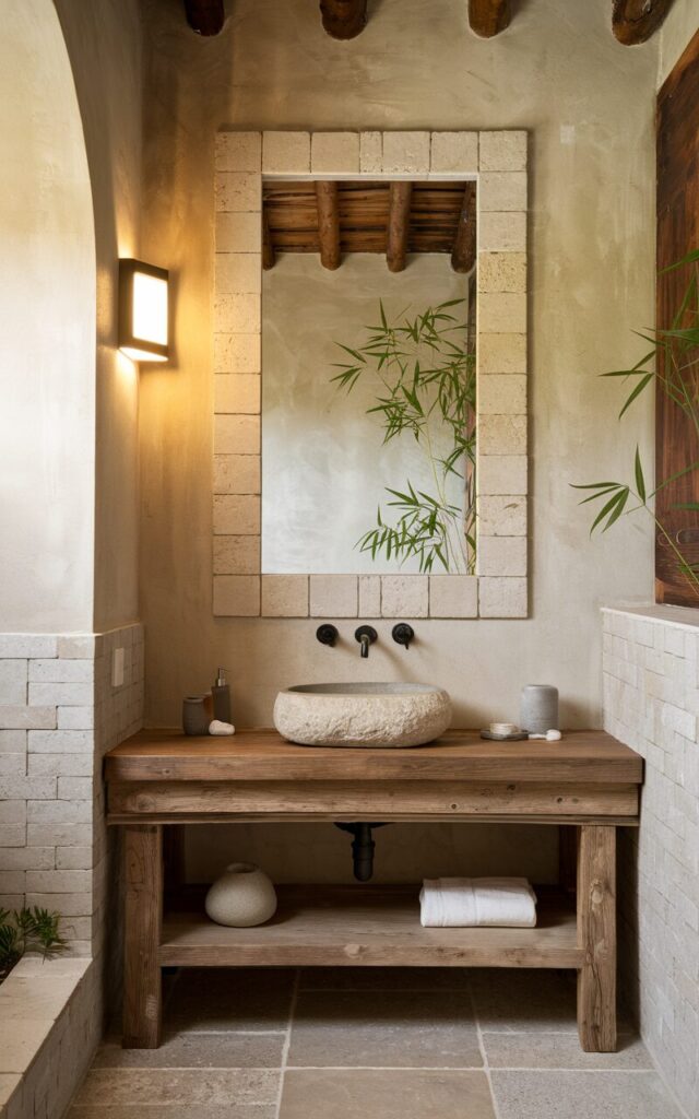 A photo of a bathroom with a warm and balanced design. There is a mirror framed in light stone tiles, such as limestone or travertine, against a plastered beige wall. Below the mirror, there is a reclaimed wood vanity with clean lines, holding a stone vessel sink and minimal ceramic accessories. The floor is covered with stone tiles. There are soft ambient lights and a bamboo plant in the bathroom. The mix of rustic farmhouse wood and serene Asian-inspired materials creates a peaceful, tactile space that feels both soulful and natural.