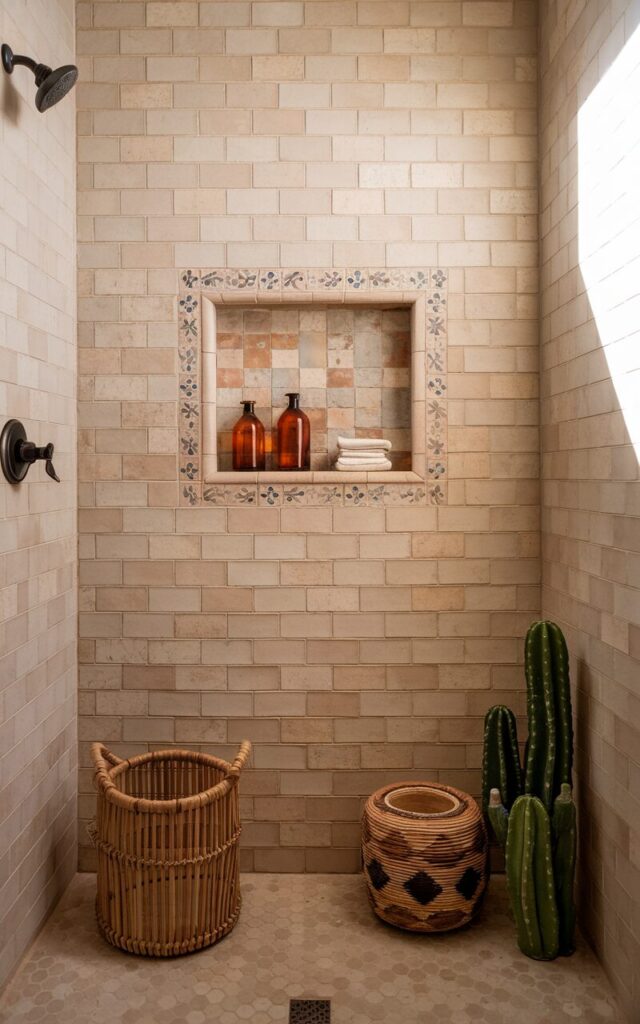 A photo of a warm, sun-soaked California Coastal and Southwestern Traditional bathroom shower area with earth-toned tiles in soft sand, terracotta, and warm ivory hues. The shower area has a rectangular tiled niche on the wall, perfect for storing essentials like amber glass bottles and natural bar soaps. The niche has a subtle decorative border of hand-painted Talavera-style tiles. The rest of the shower is clad in textured zellige tiles. The space is adorned with woven textures and driftwood-inspired decor, such as a rattan basket and a cactus plant.