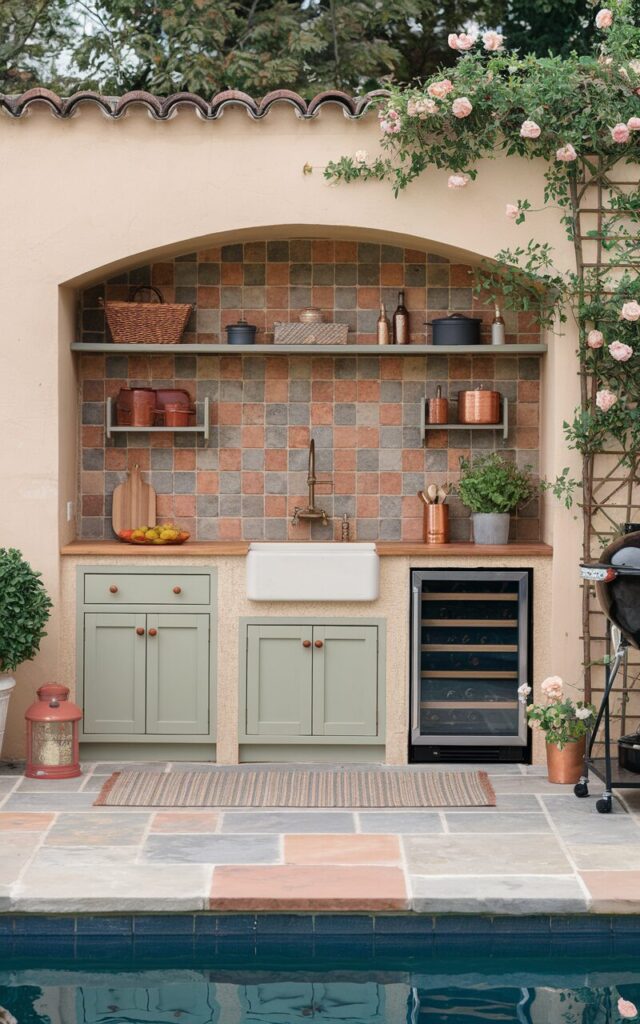 A photo of a charming outdoor kitchen styled in classic English countryside fashion, set against a pool backdrop. The kitchen features a full backsplash of warm terracotta tiles in varying earthy hues—burnt orange, soft clay, and rustic red—adding rich color and texture. The backsplash is framed by creamy walls and sits above a wooden countertop with a farmhouse sink and vintage-style brass fixtures. Below, shaker-style cabinets in sage green with ceramic knobs add to the pastoral feel. Woven baskets, copper cookware, and flowering potted herbs sit along open shelves and counters. A flagstone patio underfoot and trailing roses climbing a nearby trellis complete this inviting rural kitchen scene. The outdoor kitchen has a dining area with seats, a grill, fridge, a portable wine cart, floor rug, etc.