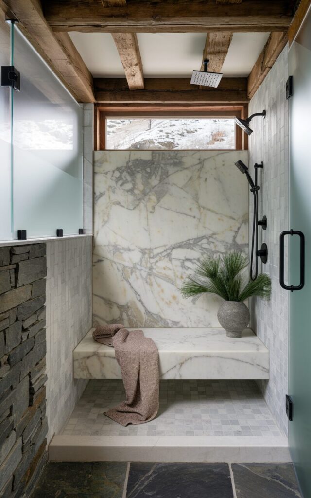 An Alpine chic bathroom with a walk-in shower. The shower has a built-in bench carved from a single slab of honed gray marble with soft white veining. The marble bench is seamlessly integrated into the stone-claded shower walls. The shower has matte black fixtures and a rain shower head. The surrounding space includes rustic wood ceiling beams, frosted glass windows, and natural slate flooring. A soft woolen towel is draped over the bench, and pine greenery in a stone vase brings the alpine warmth. The overall vibe is crisp, cozy, and spa-level serene.