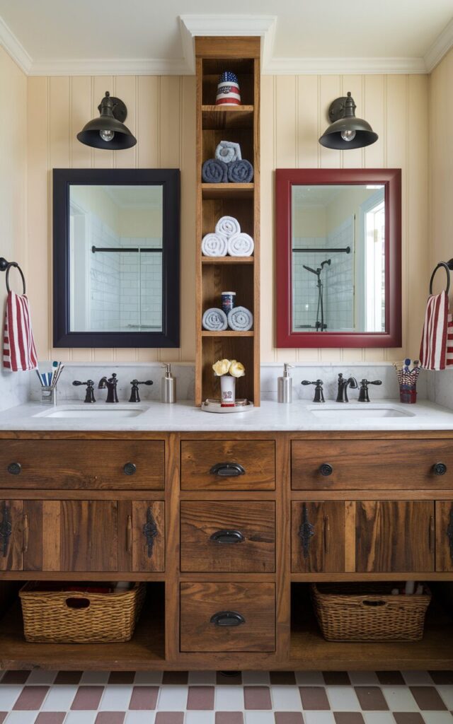 An Americana-style ensuite bathroom featuring his-and-hers sinks with separate mirrors and individual storage zones. The vanity is crafted from warm, stained wood with a handcrafted, farmhouse feel, divided into two symmetrical sections. Each side has a rectangular framed mirror—one in navy blue, the other in deep red—paying homage to classic Americana colors. Matte black faucets and wall-mounted industrial sconces add a vintage hardware store vibe. Between the sinks, a built-in shelving tower holds rolled towels, tin containers, and small patriotic decor. The backdrop includes beadboard walls in soft cream and checkerboard tile flooring in muted red and white.