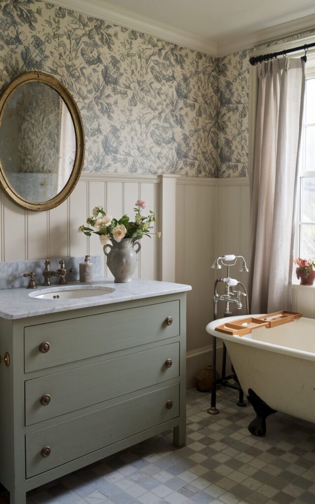 A photo of an English countryside bathroom with a honed marble countertop in a soft, matte finish with gentle gray veining. The vanity is painted in a muted sage green with antique brass knobs, topped with the understated marble for a refined yet lived-in feel. Above it hangs an aged brass-framed oval mirror with subtle patina. White paneled walls and vintage floral wallpaper offer warmth and character. A ceramic vase with fresh garden blooms sits near a traditional cross-handle faucet. The space includes checkered stone flooring, a clawfoot tub in cream, and a window dressed with light cotton drapery, letting in soft natural light. The overall mood is timeless, quiet, and elegant.