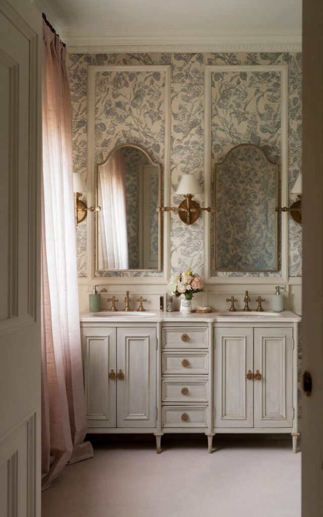 A photo of an English countryside ensuite bathroom viewed from the bedroom. The bathroom has a traditional double vanity in painted wood, with antique-style mirrors and brass sconces. The vanity wall has delicate floral wallpaper in soft sage, dusty rose, or muted blue tones, framed by classic white panel molding. The rest of the bathroom walls are painted in a calming off-white or warm stone hue. The vanity area is softly lit by natural morning light filtering through sheer curtains.