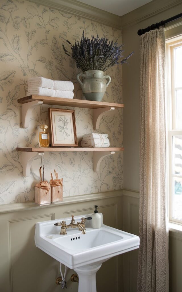 A photo of a powder room with a countryside theme. The room has a soft beige wall with a subtle floral wallpaper accent. Floating oak shelves are mounted on the wall, holding ivory hand towels, a vintage perfume bottle, a framed botanical sketch, and a ceramic vase filled with dried lavender. Below the shelves is a pedestal sink with brass fixtures. The room has a lace curtain near the window, which lets in natural light. The overall mood of the room is refined yet cozy.