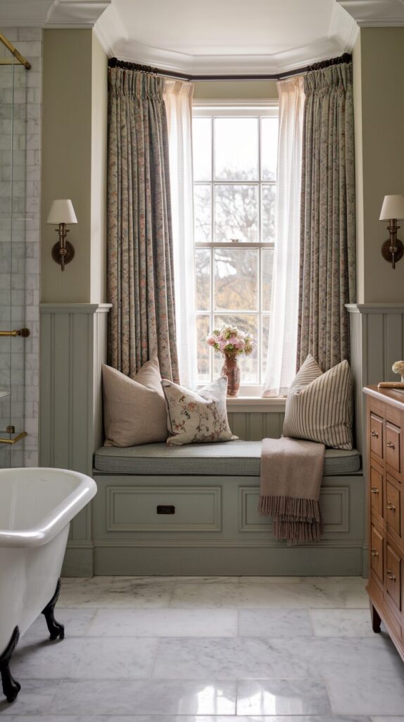 A photo of an English countryside luxe ensuite bathroom with a built-in bench tucked beneath a wide window. The bench is custom-made with soft wainscoting details, painted in a muted heritage hue like dusty sage. Cushions in floral chintz or ticking stripe fabric, along with a wool throw, make the seat irresistibly cozy. Framing the window are sheer curtains, gently filtering in the golden morning light. The rest of the ensuite features marble flooring, a freestanding clawfoot tub, a wooden vanity, a toilet, antique brass fixtures, and charming vintage accents—bringing a refined, romantic, and utterly English atmosphere.
