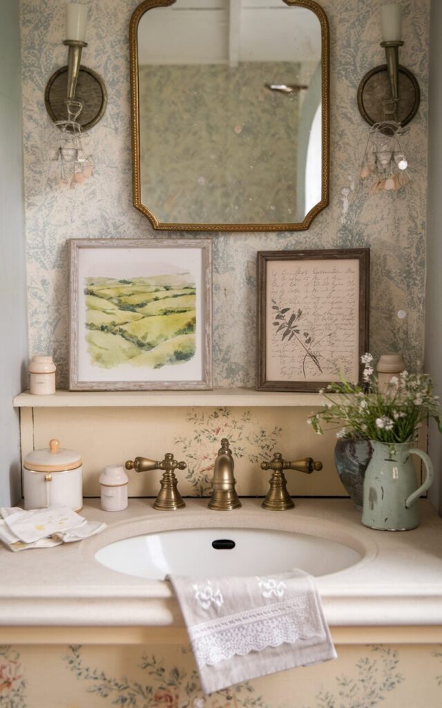 A photo of an English countryside-style bathroom vanity with a soft cream stone countertop, a stylish brass tap/hardware, and a gilded mirror on the wall with scones on either side. There is a muted floral backsplash. Leaning casually against the backsplash are two mini art prints—one a watercolor painting of rolling green hills, the other a vintage botanical sketch with delicate handwriting. Each is framed in distressed wood or brass for that old-world charm. Around the vanity, you'll spot dainty ceramic jars, a lace-trimmed hand towel, and a tiny jug of fresh wildflowers. The entire scene feels warm, gentle, and storybook-pretty—like a quiet morning in a cozy English cottage.