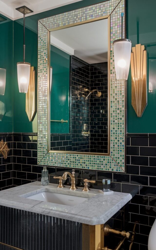 A photo of an art deco bathroom with a sleek rectangular mirror framed with tiny iridescent mosaic tiles. The frame's geometric pattern reflects the iconic art deco style with clean lines and symmetry. Surrounding the mirror, glossy black subway tiles contrast with rich emerald green walls and brass fixtures with bold, angular designs. A vintage-style vanity with fluted details and a marble countertop anchors the space. Simple pendant lights with frosted glass shades hang overhead, completing the luxurious, polished art deco vibe.