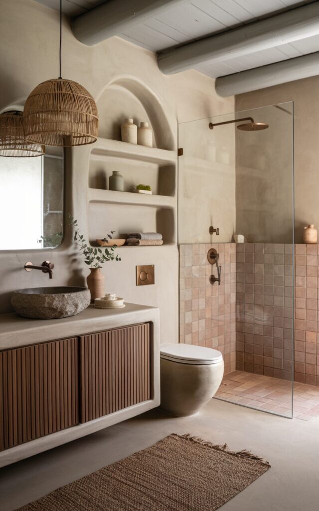 A photo of an earthy modern chic bathroom drenched in calming neutrals — warm taupes, soft greys, and creamy off-whites — brought to life through contrasting textures. The walls are smooth plaster with a subtle clay finish, while the vanity features ribbed wood in a deep walnut tone that pops against the softness. A woven rattan pendant lamp hangs above a stone basin sink, with brushed bronze fixtures adding warmth and sophistication. The shower area is tiled in matte terracotta squares, giving it a cozy, handmade feel that complements the sleek glass partition. The space is grounded by a chunky jute rug and shelves styled with stoneware jars, a few sprigs of eucalyptus, and layered textiles. The entire look feels grounded, natural, and quietly luxurious — proof that neutrals never mean boring.