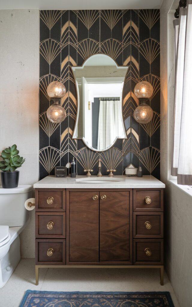 A photo of an Art Deco powder room bathroom with a bold patterned tile backsplash just behind the sink. The tiles showcase classic Deco motifs—geometric fan shapes, chevrons, or stepped arches—in a palette of black, gold, and ivory or emerald and brass. The vanity has essential items on it; is sleek and symmetrical, with a walnut finish and gold-accented hardware. A scalloped mirror sits above the patterned tile, flanked by vintage-style globe sconces with metallic bases (warm light on). The rest of the walls remain neutral—marble—for balance. The space also has a toilet, a potted plant, and a floor rug. Natural light is filtered through a curtained window.
