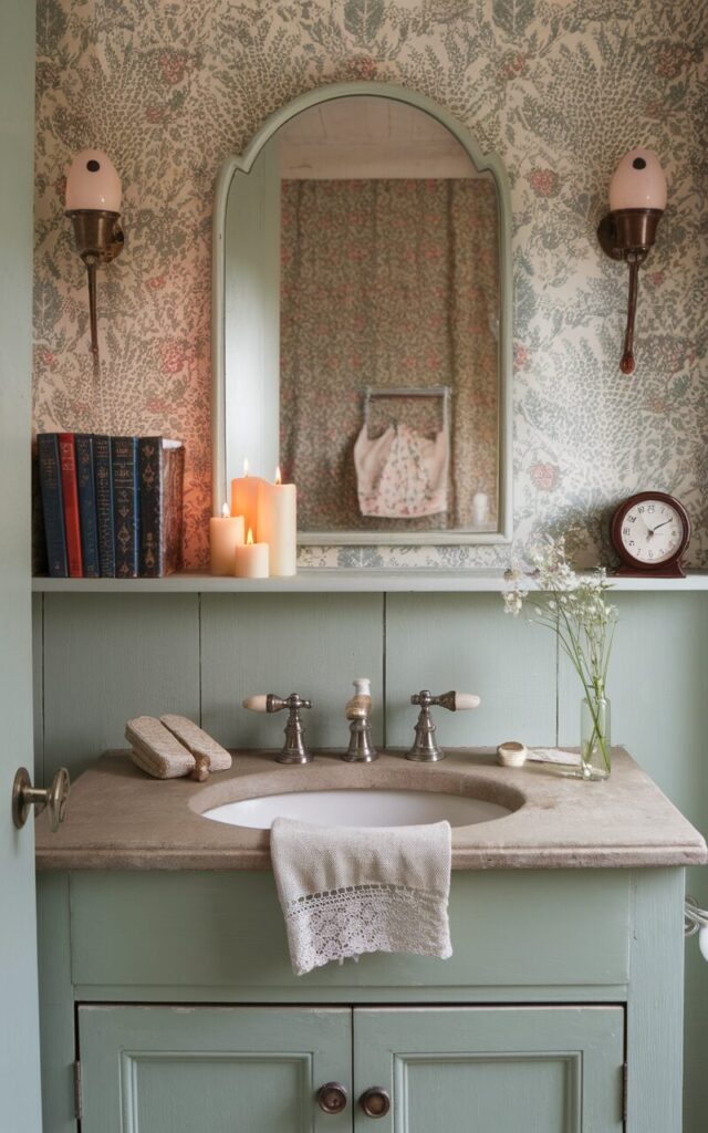A photo of a vintage-style English countryside bathroom. The room has a painted wood vanity in soft sage and a natural stone counter. There is a traditional porcelain sink, and the wall above the sink has a charming arched mirror. On the ledge below the mirror, there are a few hardcover books, a pair of pillar candles, and a vintage-style clock. The room has floral wallpaper, a lace-trimmed towel, and a sprig of wildflowers in a tiny vase. The overall atmosphere is warm, nostalgic, and lived-in.
