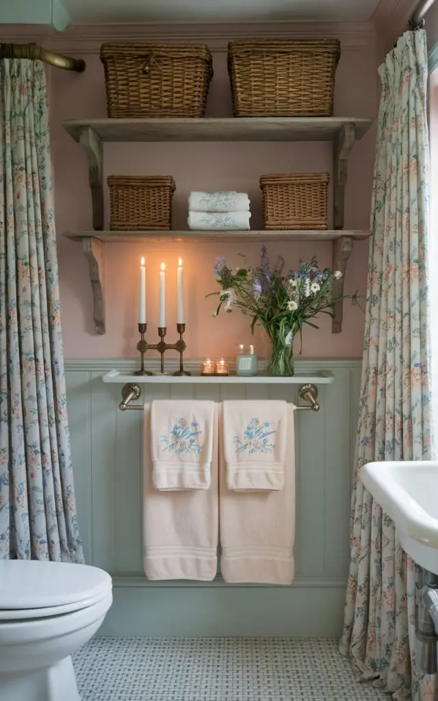 A photo of a vintage English countryside bathroom with soft pastel walls and floral curtains. The room features a wooden shelf above the toilet, adorned with wicker baskets, taper candles in brass holders, and a vase of fresh wildflowers. Beneath the shelf, a white bar is attached, draped with fluffy, embroidered towels. The floor features classic checkered tiles, and antique fixtures add to the cozy, timeless feel.