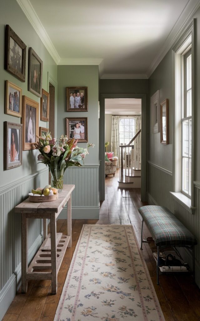 A photo of an inviting English countryside-style hallway with sage green walls. The walls are adorned with 4-5 framed family photos in mismatched vintage wooden frames. The photos are arranged organically above a rustic console table with a vase of fresh garden flowers. Wainscoting lines the lower half of the walls, and soft natural light filters in through a nearby window. A patterned runner in faded florals stretches along the wooden floor, and a cozy bench with a plaid cushion sits nearby. The overall mood is nostalgic, charming, and homey — like a hug in hallway form. The hallway leads to a staircase before a living room.
