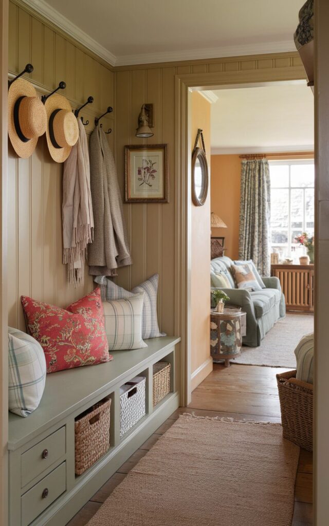 A photo of an inviting English countryside-style hallway leading to a living room. The hallway features a charming wooden bench with built-in storage painted in a soft sage green, with storage drawers or woven baskets tucked underneath. A patterned cushion—in a classic bright floral print—adds comfort and a touch of vintage flair. Scattered atop are a few mix-and-match throw pillows in faded pastel tones. Above the bench, antique brass hooks hold straw hats, linen scarves, or a tweed jacket. The walls are finished in warm, muted tones with wainscoting. A cozy rug lies underfoot, and a framed botanical print or vintage mirror hangs nearby. The entire setting radiates rustic elegance and everyday charm.