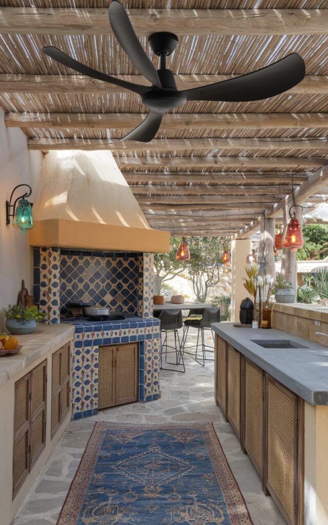 A photo of a European boho-inspired outdoor kitchen with a rustic wooden pergola ceiling. A stylish black matte ceiling fan with curved blades hangs above a tiled cooking area. The cooking area has hand-painted Mediterranean-style tiles in blue, terracotta, and cream. The countertops are natural stone, and the cabinetry features distressed wood with woven rattan panels. A vintage rug lies underfoot, and hanging lanterns with colored glass cast a warm glow. There is a separate dining area with bar stools. The backdrop is a garden.