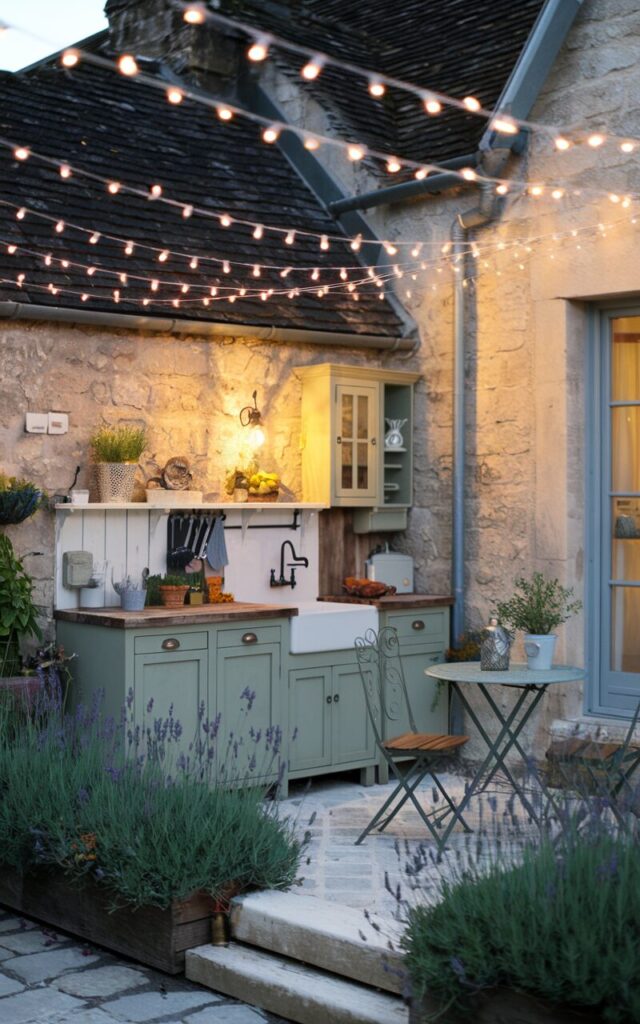 A photo of an inviting outdoor French country kitchen area nestled beside a charming stone cottage. The kitchen is decorated with delicate string lights draped above in a zigzag pattern, casting a warm, golden evening glow. The kitchen features a weathered wood countertop, vintage-style cabinetry in muted sage green, and a classic farmhouse sink. A small bistro table with wrought iron chairs sits nearby, surrounded by lavender bushes, potted herbs, and cobblestone flooring. The soft ambient lighting enhances the rustic elegance and cozy atmosphere, perfect for relaxed alfresco dining in the French countryside.