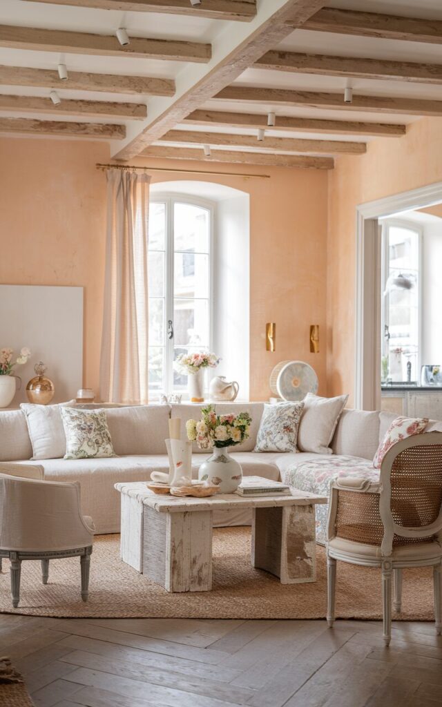 A photo of a modern French country style living room with a soft peach hue. The room has a mix of modern and rustic furniture, including a light linen sectional sofa with floral and toile cushions, a distressed whitewashed wood coffee table, and elegant vintage armchairs with cane backs. There are exposed wooden ceiling beams and herringbone oak floors. A window with a soft linen curtain filters natural light. There are subtle gold and ceramic accents, fresh flowers in a porcelain vase, and a cozy jute rug. The living room flows into the kitchen.