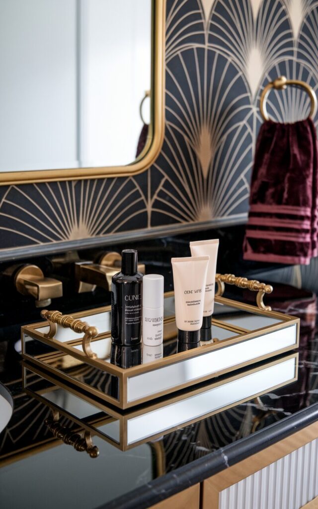 A photo of an Art Deco-style bathroom with a sleek black marble countertop and a gold-trimmed mirror above the vanity. The vanity is centered on the counter and contains a glamorous mirrored vanity tray with beveled edges and brass handles, neatly corralling chic skincare items. The background features a fan-motif backsplash and a velvet hand towel draped nearby. The overall look is bold, symmetrical, and dazzling.
