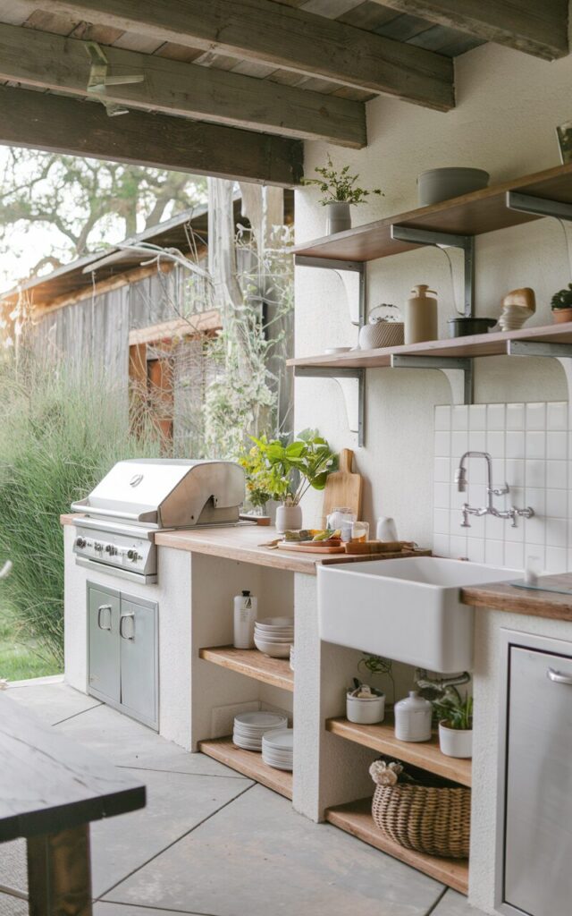 A photo of an outdoor farmhouse with a chic style kitchen having a reclaimed wood countertop, a porcelain vessel sink, and a prepping area. The kitchen has functional elements such as a grill, open shelves with essentials, a seating area, and a private nook. The background contains lush greenery and a rustic structure.
