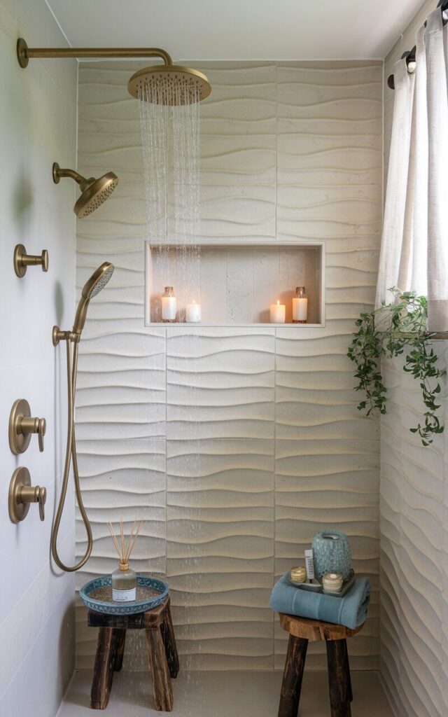 A photo of a California coastal modern bathroom with a sleek brass rainfall showerhead. The showerhead has water drops splashing, mimicking the soothing sensation of a spa shower. The wall tiles are unique textured, with soft seafoam and sandy beige tones, creating a beach-inspired backdrop. The bathroom has brushed brass hardware and natural wood accents, completing the airy, relaxing coastal vibe with a modern edge. The shower area has a spa-like feel with a few candles, a reed diffuser in a decorative tray on the windowsill, and curtains on the window. The space also has a recessed shelf, a wooden stool, and a plant.