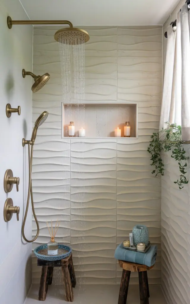 A photo of a California coastal modern bathroom with a sleek brass rainfall showerhead. The showerhead has water drops splashing, mimicking the soothing sensation of a spa shower. The wall tiles are unique textured, with soft seafoam and sandy beige tones, creating a beach-inspired backdrop. The bathroom has brushed brass hardware and natural wood accents, completing the airy, relaxing coastal vibe with a modern edge. The shower area has a spa-like feel with a few candles, a reed diffuser in a decorative tray on the windowsill, and curtains on the window. The space also has a recessed shelf, a wooden stool, and a plant.