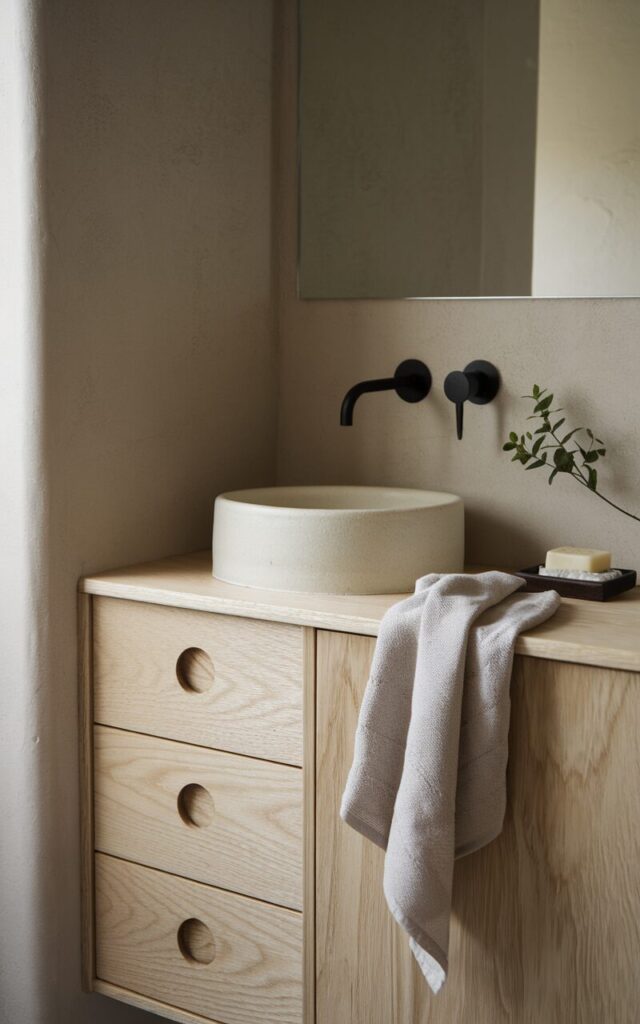 A photo of a Japandi-style bathroom cabinet with finger groove drawer pulls. The cabinet is made of lightly textured natural oak or ash wood with visible wood grain and a matte finish. It has a low-profile, symmetrical design with straight, unfussy lines and a grounded silhouette. Sitting atop the cabinet is a shallow ceramic basin in off-white. A linen hand towel is draped casually over the corner, and a small ceramic tray holds a bar of soap and a sprig of greenery. The background includes neutral clay plaster walls and soft ambient lighting.