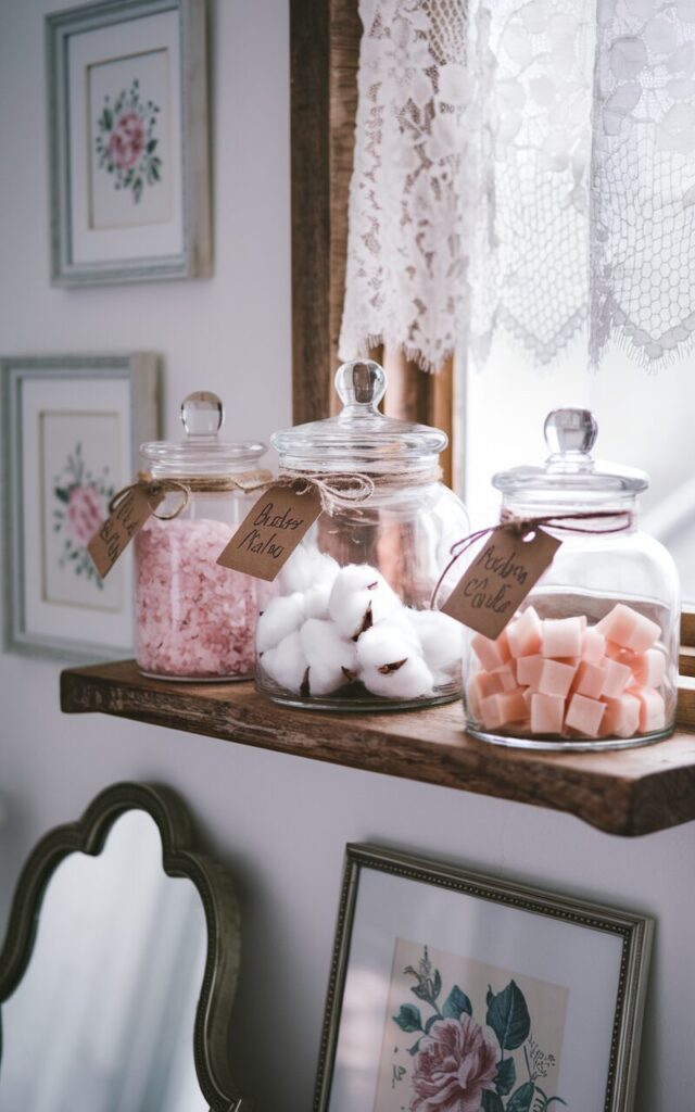 A photo of a cottagecore-meets-luxe bathroom setup. There is a wooden shelf above the vanity, holding three vintage-style clear glass apothecary jars. The jars contain blush pink bath salts, white cotton rounds, and artisanal soap cubes. Each jar is tied with twine and has a handwritten tag. The light from a lace-draped window casts a romantic glow on the glass. There are framed floral prints and a scalloped-edge mirror nearby, adding elegance and spa-worthy charm to the rustic space.
