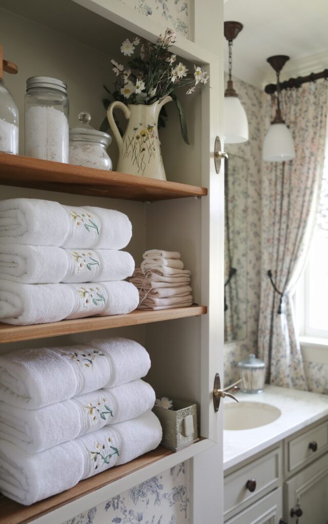 A photo of a cottagecore-style guest bathroom with an open wooden shelf displaying neatly layered soft white towels embroidered with delicate floral patterns. The shelves also hold glass jars of bath salts, a small stack of linen washcloths, and a vintage ceramic pitcher with wildflowers. The bathroom has a vanity, a curtained window, and pendant lights. The walls are covered with floral wallpaper, and the lighting is soft.
