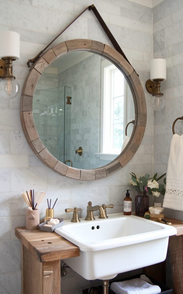 A photo of a farmhouse bathroom with a large circle mirror framed with reclaimed wood. The mirror hangs above a white porcelain sink with brass fixtures. The background includes marble tile walls and subtle farmhouse décor elements, creating a warm and inviting atmosphere. The vanity has decor, skincare essentials neatly arranged. Natural light is soft.