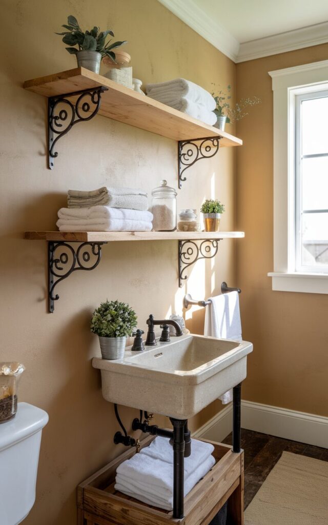 A photo of a farmhouse bathroom with a beige wall. The wall has natural wood-beam shelves with ornate metal brackets. The shelves hold neatly folded towels, glass jars with bath salts, and small potted greenery. Below the shelves, there's a vintage-style sink with black matte fixtures. The sink is placed on a wooden base. The floor is covered with a beige rug. Soft natural light filters in through a window, casting a warm glow on the room. The bathroom has a cozy and practical atmosphere.