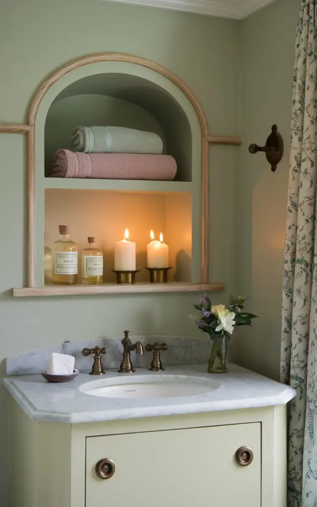 A photo of a spa-like bathroom in an English countryside setting. The bathroom has a charming built-in wall niche, painted in soft sage green and trimmed with natural wood. The niche holds neatly folded linen towels, a few glass bottles of bath oils, and a pair of glowing pillar candles in brass holders. The vanity below features vintage-inspired fixtures and a marble top. A floral curtain and a tiny vase of fresh garden blooms nearby add a final countryside touch. 