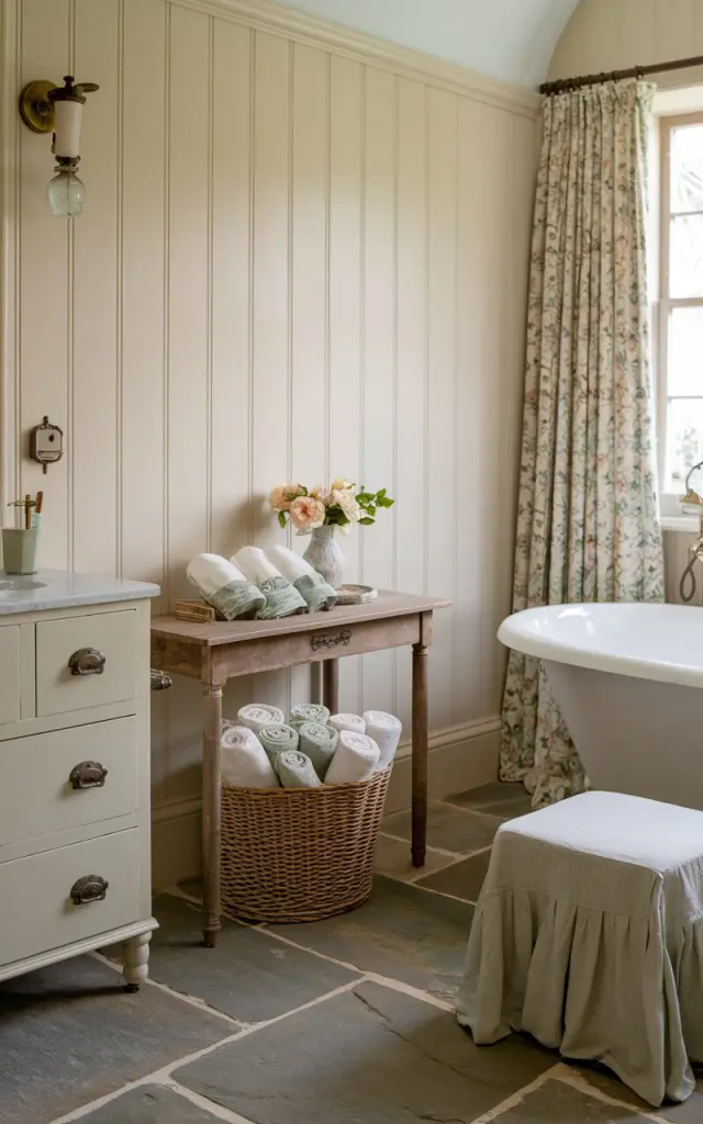 A photo of an English countryside spa-like bathroom with soft cream panelled walls. There is a freestanding tub near a window draped in floral curtains. Under a vintage wood console or beside the vanity, a woven wicker basket holds neatly rolled hand towels in shades of ivory and pale sage. Stone tile flooring, a linen-covered stool, and antique brass fixtures are present in the space. The overall atmosphere is cozy, refined, and effortlessly curated.