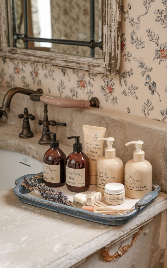 A photo of a French countryside bathroom with rustic elegance. The bathroom has a stone countertop, antique-style fixtures, and floral-patterned wallpaper. There is a vintage tray with amber glass dispensers, cream-colored ceramic pumps, and a handwritten label on the lotions, soaps, and lavender hand cream. There's also a sprig of dried herbs and a tiny jar of cotton swabs on the tray. The bathroom has a warm French soul and feels like a spa.