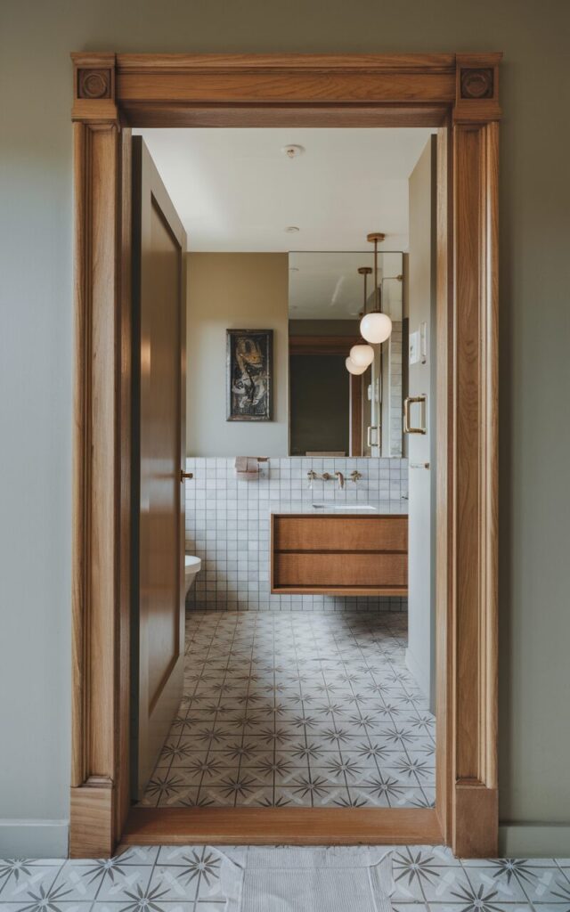 A photo of a fully furnished mid-century modern bathroom. There's a doorway with natural wood trim in a teak finish. The trim has clean, square edges and a slightly matte finish. The door is painted in a muted tone. The bathroom features a floating wood vanity, globe pendant lighting, and a patterned tile floor with sunburst motifs. There's a vintage wall art piece and minimalist brass accents. The natural light is soft, ambient, and even.
