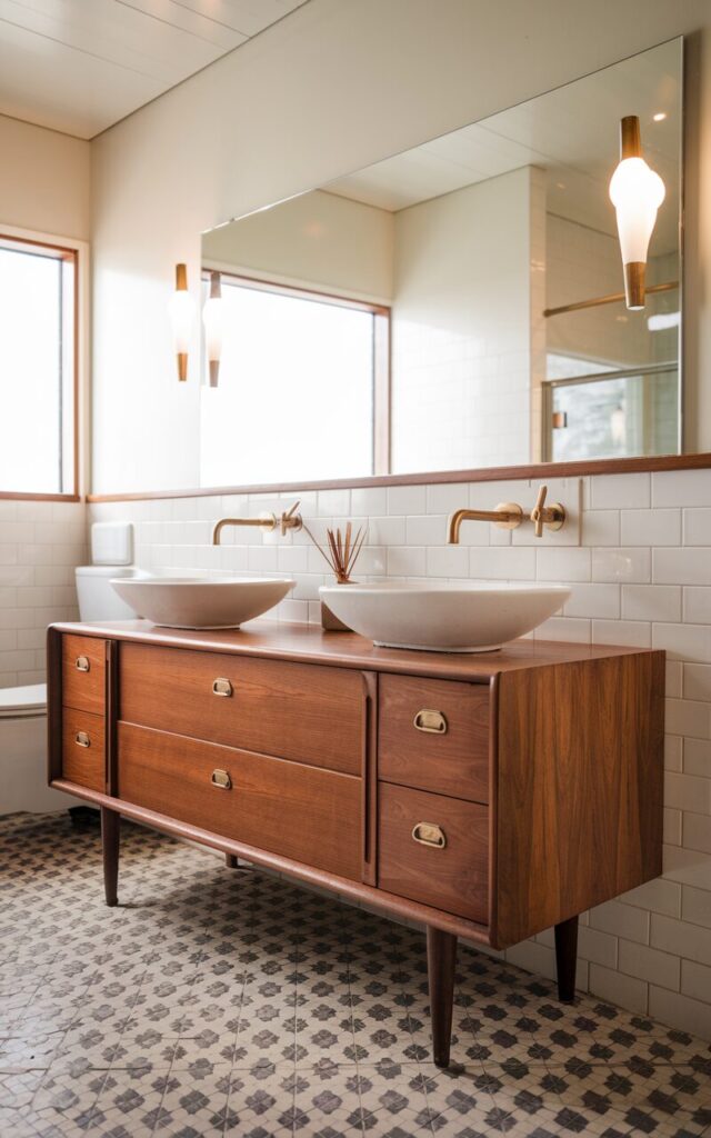 A photo of a fully furnished mid-century modern bathroom. The bathroom features a repurposed mid-century credenza as a striking double sink vanity. The credenza has a rich walnut wood finish, clean lines, tapered legs, and signature brass or wood drawer pulls. Two sleek ceramic vessel sinks sit atop the original surface, paired with wall-mounted or tall faucet fixtures in brushed brass. The drawers and cabinets offer both charm and storage, blending vintage craftsmanship with modern function. Above, a wide horizontal mirror reflects ambient light from sconces. The space includes patterned tile flooring, soft accent colors, and curated retro accessories for a warm, layered aesthetic. Natural light is soft, ambient.