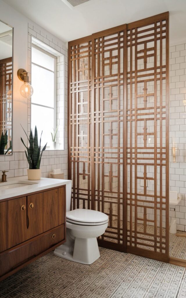 A photo of a fully furnished mid-century modern bathroom. A striking teak privacy screen with a bold geometric cut-out pattern separates the toilet area from the rest of the space. The teak wood brings warmth and texture, contrasting with the smooth, neutral-toned walls. The screen's openwork design allows light to pass through while adding visual interest and architectural depth. Surrounding elements include a floating vanity with brass hardware, vintage-style lighting, and a patterned tile floor. A potted plant and minimal decor pieces soften the look, completing the bathroom’s sophisticated, well-balanced design.