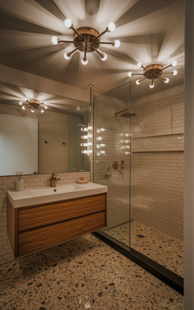 A photo of a fully furnished mid-century modern bathroom illuminated by a pair of Sputnik-style mini ceiling lights. The bathroom features a walnut wood vanity, terrazzo or mosaic flooring, and minimalist décor. The Sputnik-style lights, finished in brushed brass, are positioned one above the vanity and another near the shower. The lighting enhances the geometric lines and warm tones of the room, casting dynamic shadows and adding a retro charm.
