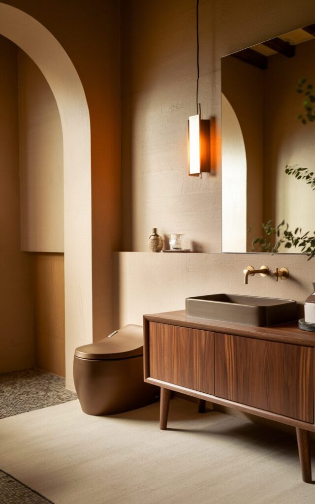 A photo of a fully furnished mid-century modern bathroom with warm wood tones, matte brass accents, and clean architectural lines. The bathroom features a sleek, curved silhouette toilet with a smooth matte white finish. The toilet is positioned against a subtly textured wall, adding to the room's refined, organic flow. A low walnut vanity with tapered legs and a rectangular vessel sink sits beneath a wide mirror. The flooring showcases understated mosaic tiles, and a statement pendant lighting enhances the atmosphere with a warm glow. Minimalist decor and greenery complete the look.