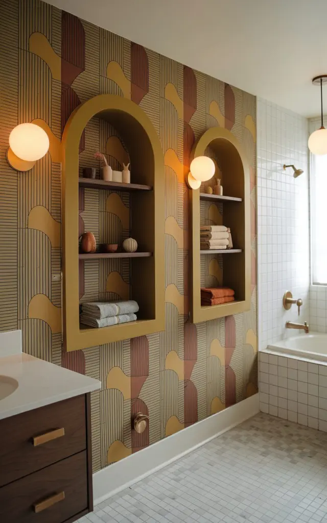 A photo of a fully furnished mid-century modern bathroom with two built-in recessed wall cubbies. The cubbies are perfectly framed and lined with bold mid-century style wallpaper featuring abstract geometric patterns in shades of mustard, olive, and burnt orange. The cubbies are styled with neatly folded towels, small ceramic containers, or vintage decor items. The bathroom includes a walnut vanity, matte brass fixtures, and mosaic floor tiles. Globe sconces and a minimalist pendant light offer warm ambient lighting. Natural light is soft, ambient, and enters the room through a window near the bathtub area.