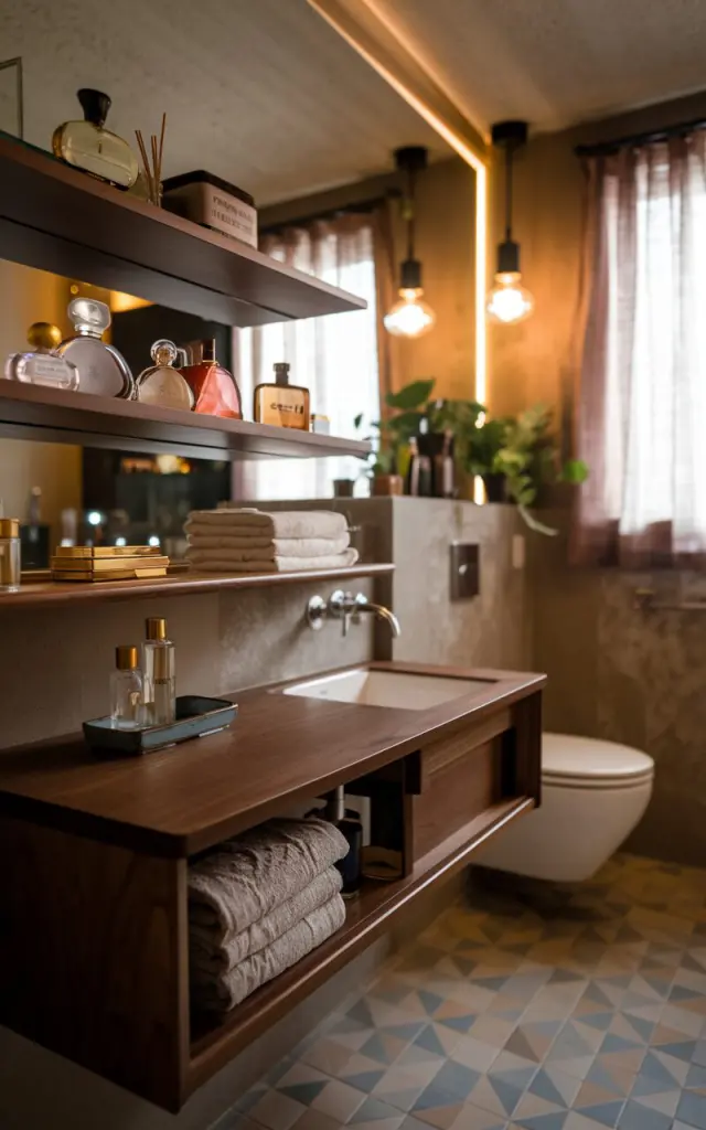 A photo of a mid-century modern bathroom with a nostalgic vibe. The bathroom has a floating wood vanity with a curated arrangement of vintage glass perfume bottles and retro grooming tools. The shelves are styled minimally with a few stacked linen towels and a small ceramic tray. The background includes warm walnut finishes, muted wall tones, and geometric floor tiles, all illuminated by ambient lighting from a nearby pendant light. The space also has a toilet, a curtained window, and a few plants.