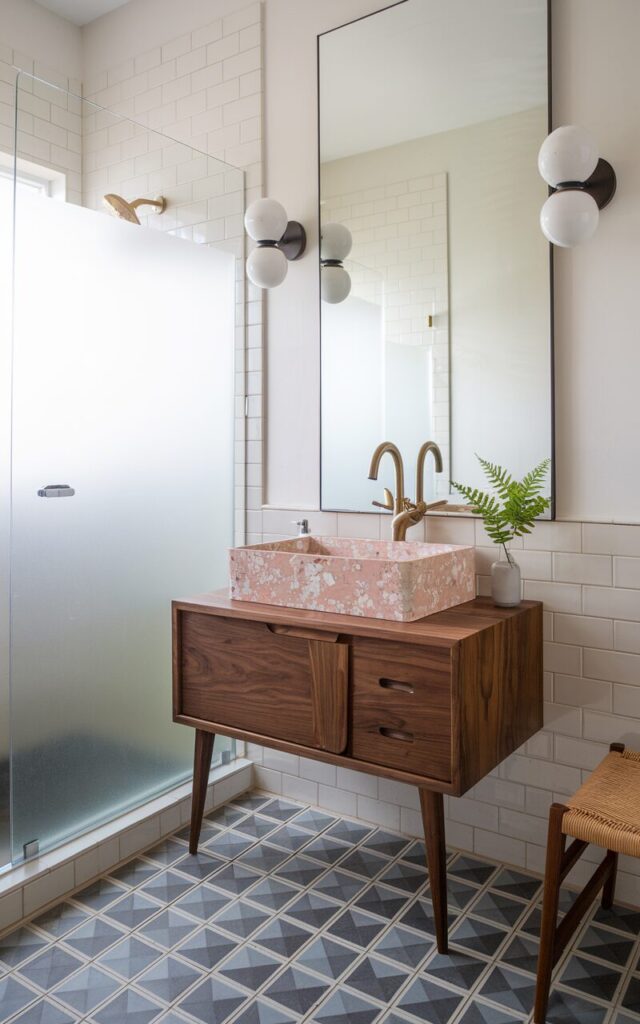 A photo of a fully furnished mid-century modern bathroom. The centerpiece is a custom terrazzo sink basin in a soft blush pink tone, set into a floating walnut vanity with tapered legs. The terrazzo's abstract, retro-inspired pattern is mirrored by the geometric floor tiles in charcoal and cream. A streamlined brass faucet rises elegantly beside the sink. A large frameless mirror reflects a pair of globe wall sconces in matte black. The walls are crisp white, and a frosted glass shower enclosure maintains a calm palette. A slender teak stool with a woven seat and a small potted fern introduce natural warmth. The bathroom is a harmonious blend of vintage pattern and modern simplicity.