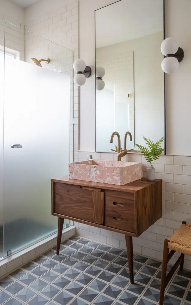 A photo of a fully furnished mid-century modern bathroom. The centerpiece is a custom terrazzo sink basin in a soft blush pink tone, set into a floating walnut vanity with tapered legs. The terrazzo's abstract, retro-inspired pattern is mirrored by the geometric floor tiles in charcoal and cream. A streamlined brass faucet rises elegantly beside the sink. A large frameless mirror reflects a pair of globe wall sconces in matte black. The walls are crisp white, and a frosted glass shower enclosure maintains a calm palette. A slender teak stool with a woven seat and a small potted fern introduce natural warmth. The bathroom is a harmonious blend of vintage pattern and modern simplicity.