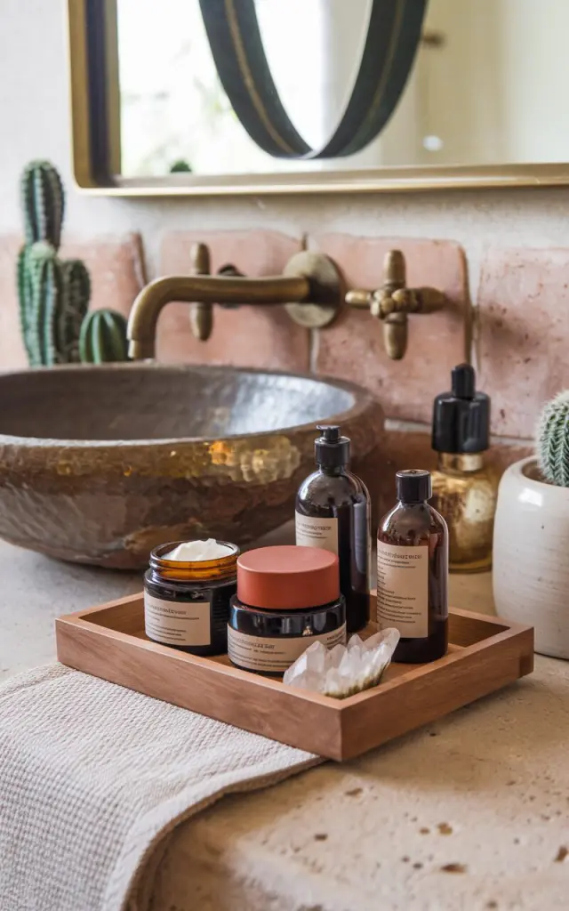 A photo of a spa-inspired bathroom with a Southwestern and glam vibe. A warm wooden tray sits atop a stone countertop, artfully stacked with luxe skincare products in amber glass bottles, matte clay jars, and gold-accented labels. The tray sits near a ceramic vessel sink with hammered brass fixtures, surrounded by earthy textures like terracotta tiles and soft woven textiles. A cactus in a white pot and a mirror bring in the desert vibe, while a crystal or two tucked into the tray adds a glitzy nod to the glam side of the story.