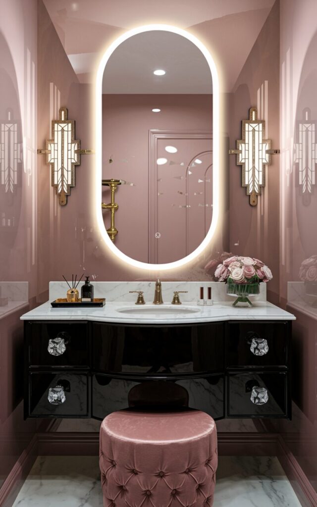 A Hollywood glam-style bathroom with a large, oval mirror with soft LED backlighting. The mirror casts a subtle golden glow against a glossy blush pink wall. The mirror sits above a black lacquered vanity with crystal drawer pulls and a white marble countertop. Gold fixtures, art deco sconces, and a plush velvet stool complete the luxe, moody atmosphere. A small tray with perfume bottles and a vase of fresh roses adds a final glamorous touch.