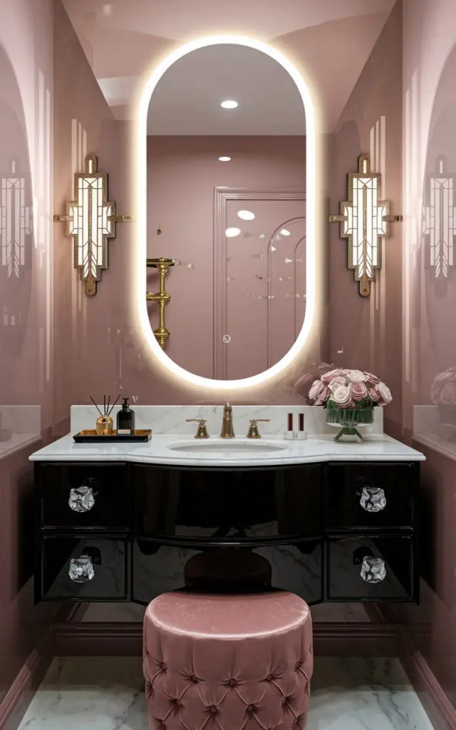 A Hollywood glam-style bathroom with a large, oval mirror with soft LED backlighting. The mirror casts a subtle golden glow against a glossy blush pink wall. The mirror sits above a black lacquered vanity with crystal drawer pulls and a white marble countertop. Gold fixtures, art deco sconces, and a plush velvet stool complete the luxe, moody atmosphere. A small tray with perfume bottles and a vase of fresh roses adds a final glamorous touch.