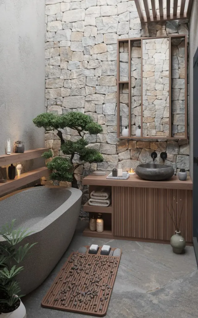 A photo of a modern Asia Zen spa-like bathroom. The bathroom is filled with natural elements like stone, wood, and plants. There is a freestanding tub with a pebbled bath mat in front of it. The wall behind the tub is made of stone. There is a vanity with flat-front wood cabinetry, a vessel sink, and a matte black faucet. The floor is made of stone. There are a few soft linen towels, a potted bonsai, and a ceramic incense holder in the bathroom. The overall ambiance of the space is clean, earthy, and calming.