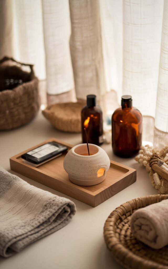 A photo of a modern boho chic spa-like bathroom. There is a sleek ceramic incense holder beside neatly arranged bath essentials on a wooden tray. The holder is matte white with subtle textured patterns and contains a gently smoldering stick of sandalwood or palo santo, filling the space with a warm, grounding aroma. Nearby, amber glass bottles, woven baskets, and soft linen towels bring natural textures and earth tones into play. Soft light filters through sheer curtains, enhancing the tranquil, effortlessly stylish vibe that invites you to unwind and breathe deeply.