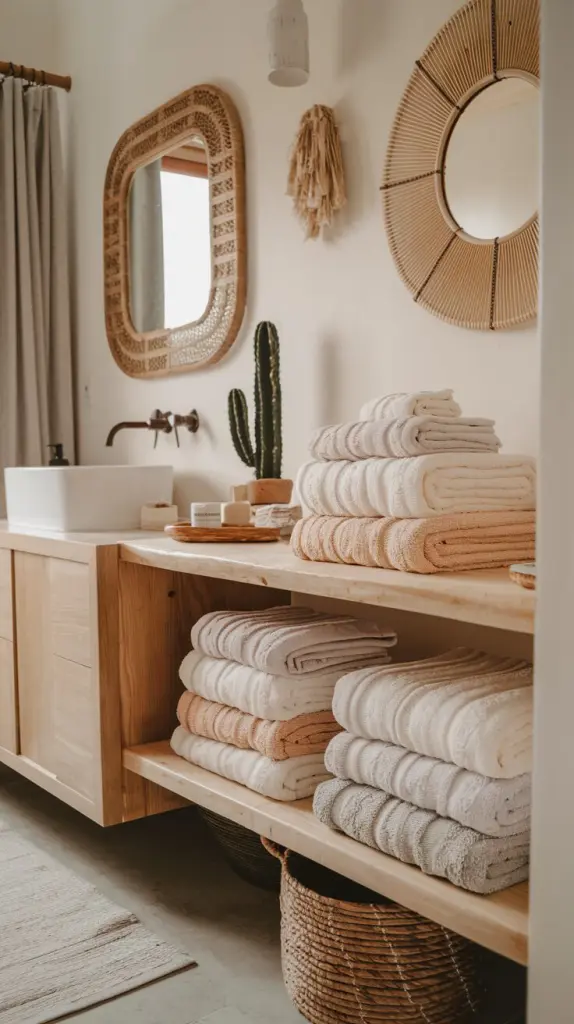 A photo of a modern boho bathroom with a spa feel. There is an open wooden shelf beside the vanity, which holds stacks of thick, plush towels in sandy beige, warm cream, and soft stone gray. The towels are folded with a casual elegance. The shelf also holds a few woven baskets, a tiny cactus, and a couple of palo santo sticks. There is a rattan-framed mirror on the wall and a cotton rug on the floor. The room has a warm and cozy ambiance.