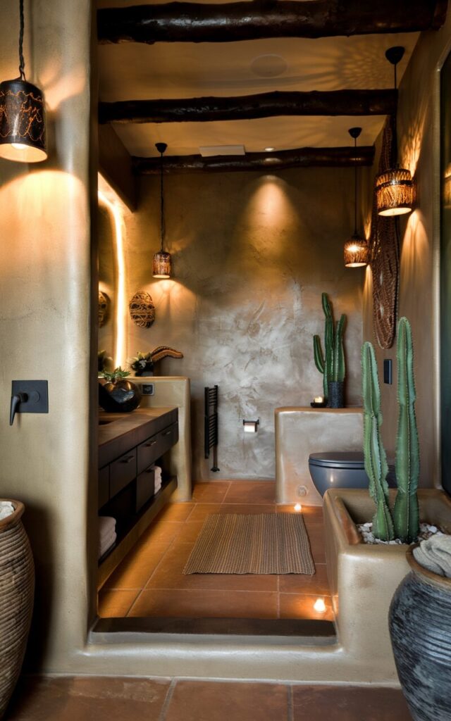Modern Southwestern bathroom with a chic edge, where textured stucco walls meet sleek black fixtures and sun-baked terracotta tile. Dimmer switches are discreetly installed near the vanity and bath, letting you dial the lighting down to a warm, golden glow perfect for long soaks. Overhead pendants and sconces (warm light on) in smoked glass offer layered light, creating an effortlessly cool mood shift from energizing to ultra-calming. Paired with desert-toned textiles, a cactus in a ceramic planter, and woven accents, the vibe is stylishly grounded yet totally spa-worthy. The space has a vanity, a toilet, floor rug, etc. No natural light; only light from dimmer lights