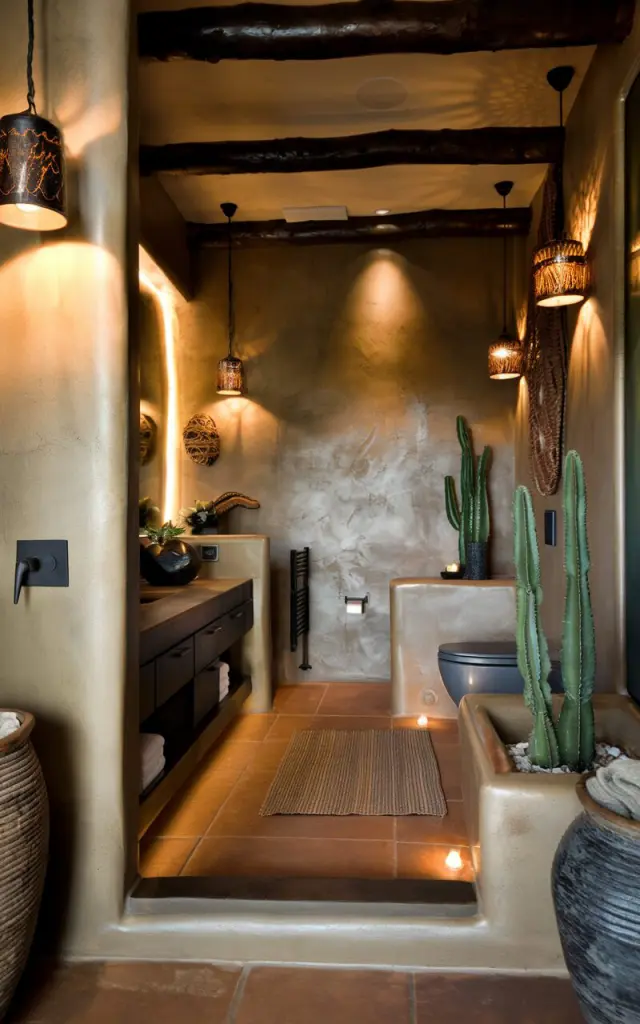 Modern Southwestern bathroom with a chic edge, where textured stucco walls meet sleek black fixtures and sun-baked terracotta tile. Dimmer switches are discreetly installed near the vanity and bath, letting you dial the lighting down to a warm, golden glow perfect for long soaks. Overhead pendants and sconces (warm light on) in smoked glass offer layered light, creating an effortlessly cool mood shift from energizing to ultra-calming. Paired with desert-toned textiles, a cactus in a ceramic planter, and woven accents, the vibe is stylishly grounded yet totally spa-worthy. The space has a vanity, a toilet, floor rug, etc. No natural light; only light from dimmer lights