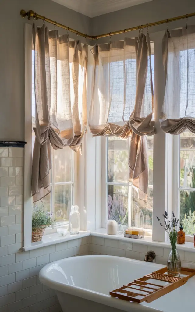 A photo of a modern cottagecore bathroom with a spa-day serenity. There are sheer linen curtains hanging from a simple brass rod, filtering the natural light and casting a soft, golden haze across the space. The windows frame views of a garden, bringing the outside in without sacrificing privacy. The room has vintage-inspired tile, a freestanding tub, and fresh sprigs of lavender on the sill. The overall ambiance is cozy and calm.